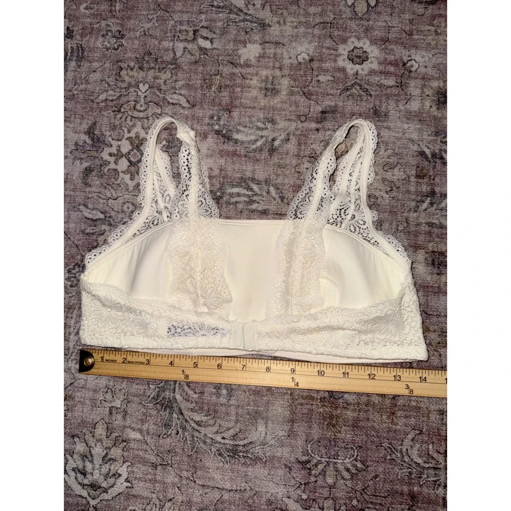 Aerie Women White Floral Lace Bralette Plunge‎ Mesh Inset Hook Eye Closure Large